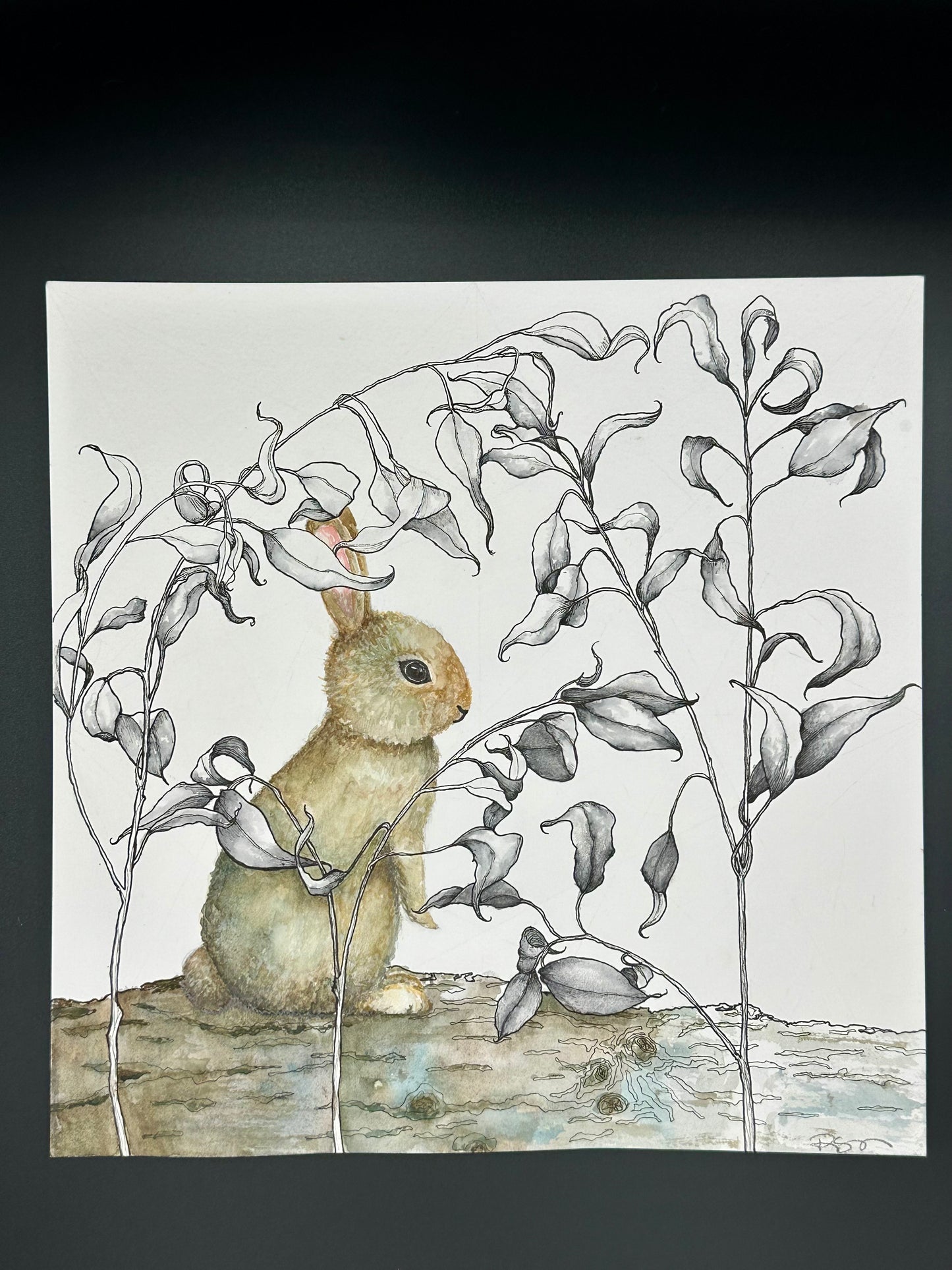 Woodland Bunny & Botanicals - Original ink & watercolor drawing