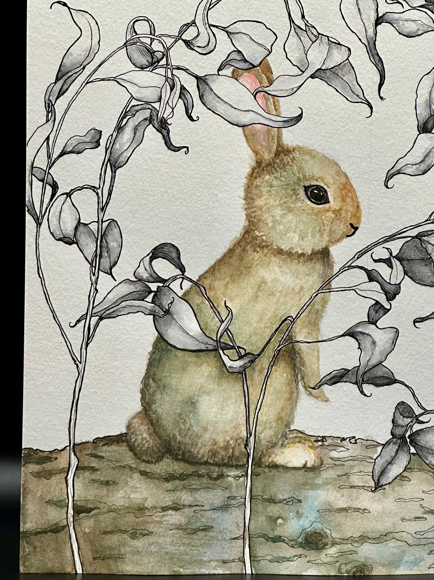 Woodland Bunny & Botanicals - Original ink & watercolor drawing