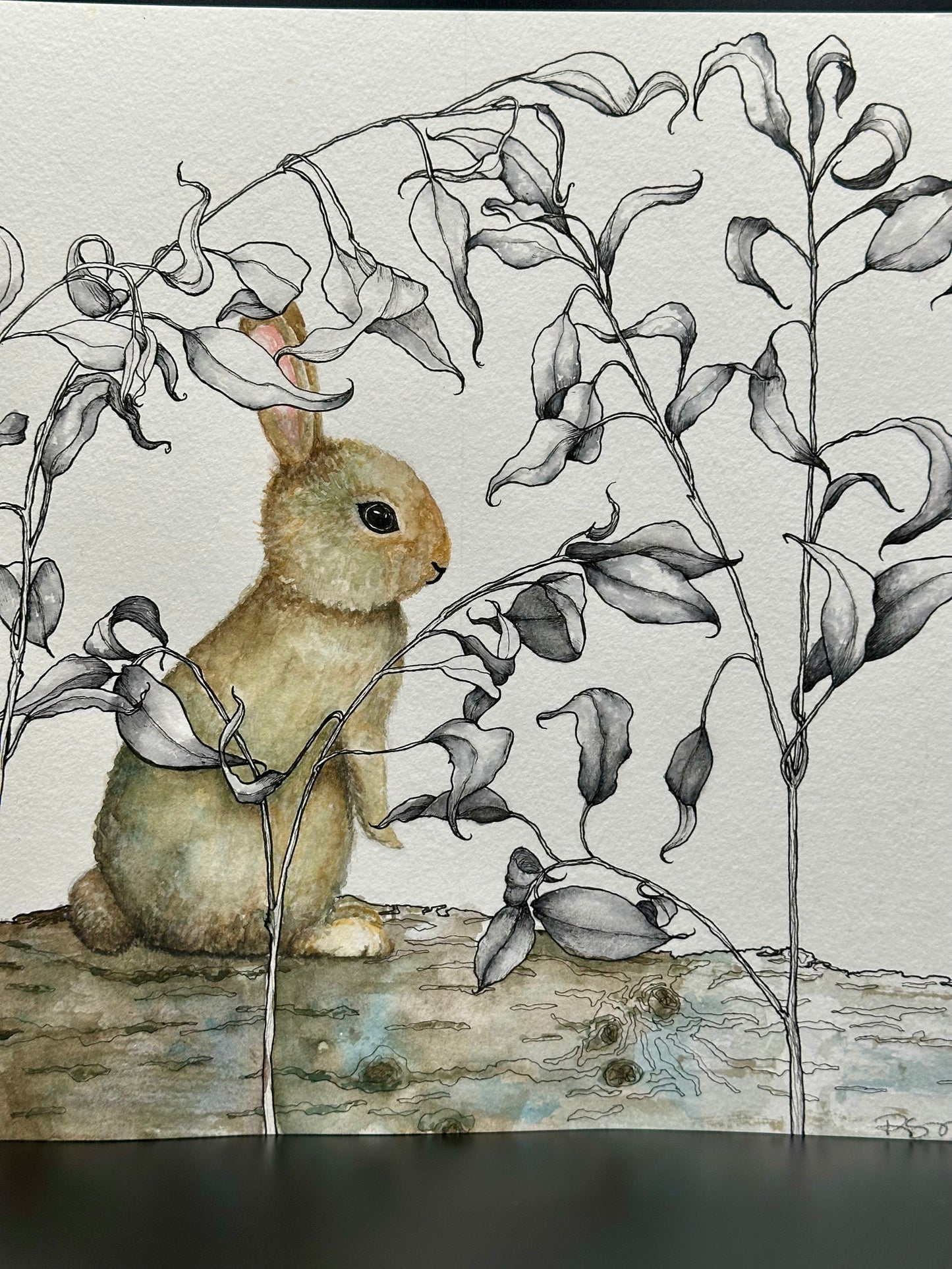 Woodland Bunny & Botanicals - Original ink & watercolor drawing