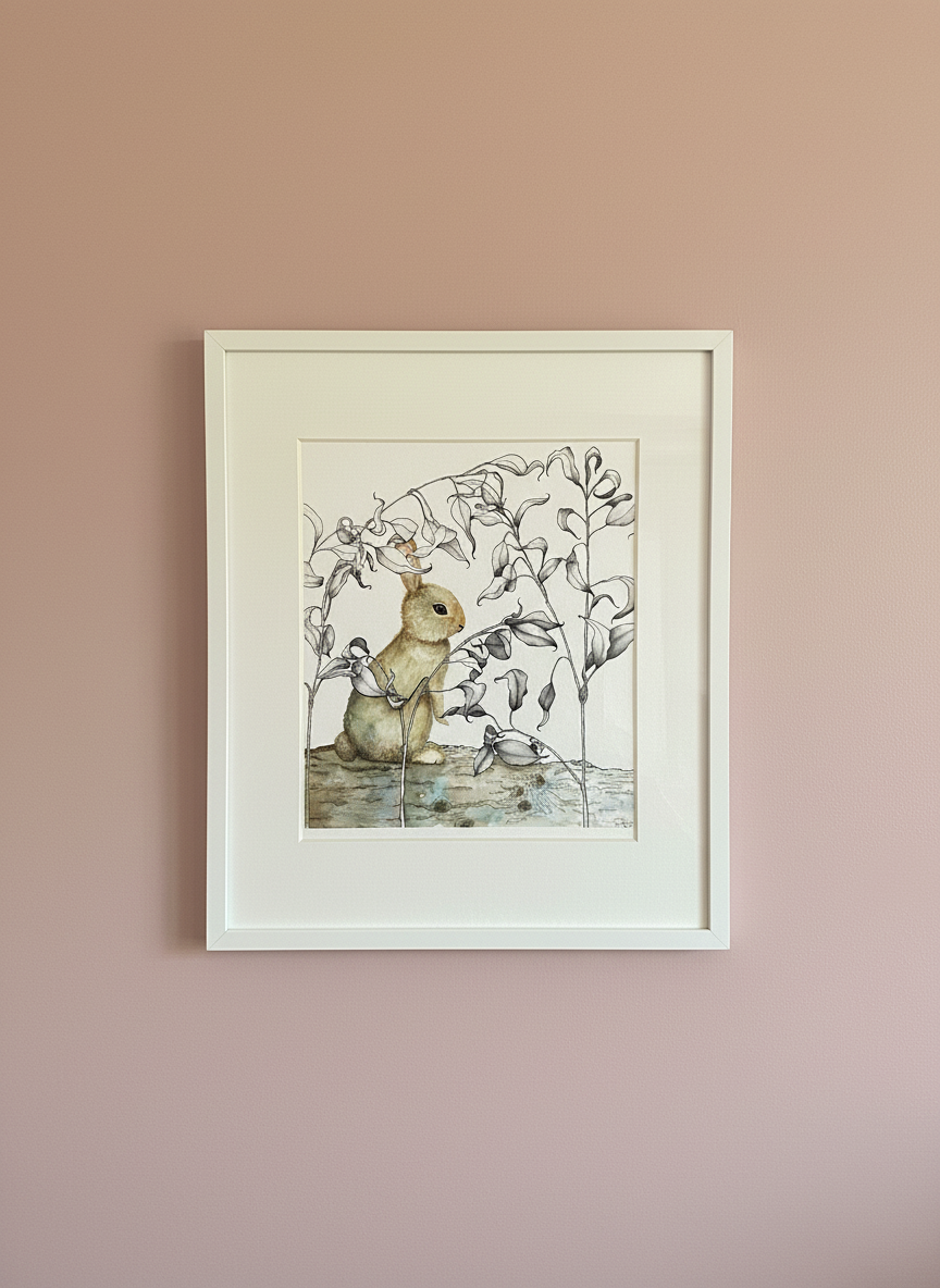 Woodland Bunny & Botanicals - Original ink & watercolor drawing